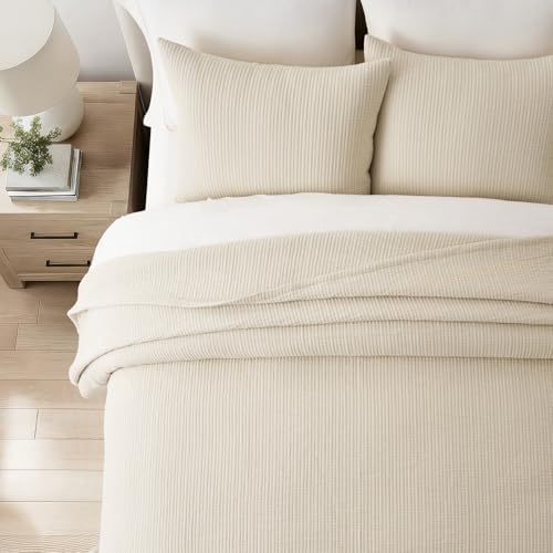 EverGrace Cotton Gauze Matelassé Coverlet Set, King Size, Soft Oat