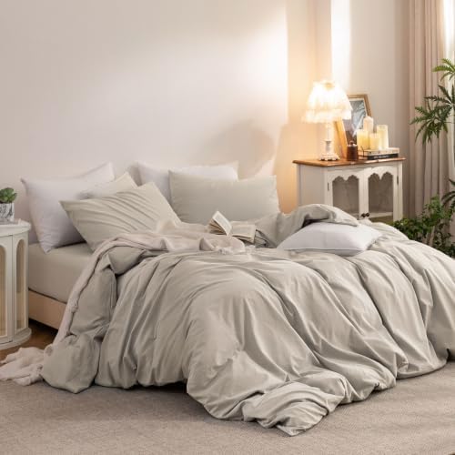 Duvet Cover Set 100% Washed Cotton Linen Feel 3‐Pcs Full