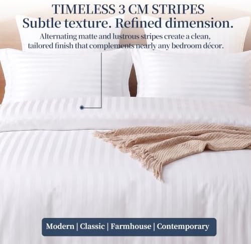 Cotton Sateen Stripe Duvet Cover Set Soft Hotel Bedding White,90