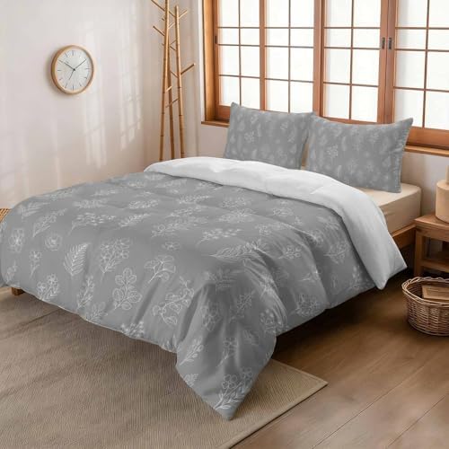 3 Pieces Bedding Set King Size, Grey Botanical Soft Duvet Covers Set