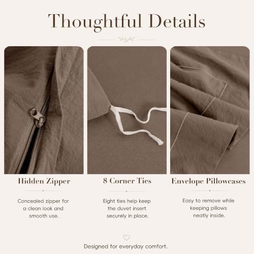 Duvet Cover Set Washed Cotton Embroidered Hem Queen 3‐Pcs