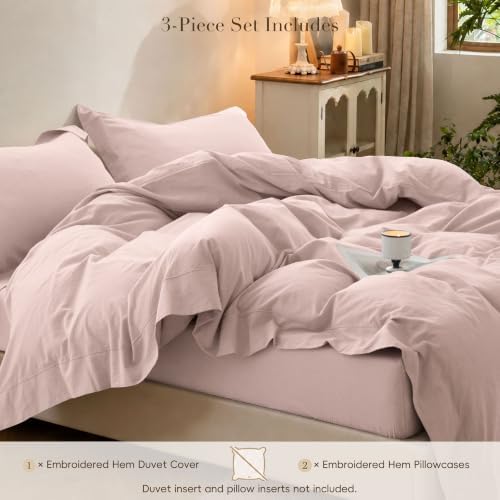 Duvet Cover Set Washed Cotton Embroidered Hem Queen 3‐Pcs