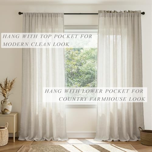 Mrs.Naturall 120 Inch Extra Long Beige Linen Sheer Curtains for Living
