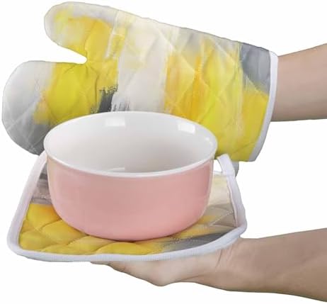 Quilted Cotton Terry Cloth Oven Mitt, Pot Holder Grey Yellow Texture