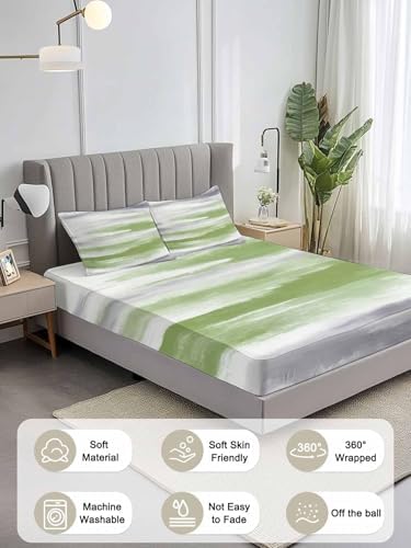 Sage Green Gray King Fitted Sheet Set, Neutral Abstract White Ombre