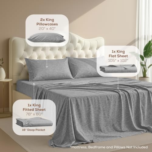 King Sheets Set, 4 Pieces 16" Deep Pocket Hotel Luxury Sheets, Heather