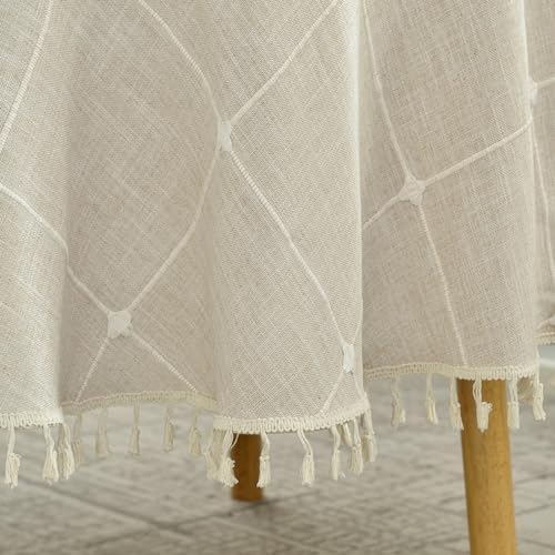 Lattice Embroidery Plaid Round Tablecloth with Tassel, Round 70 Inch
