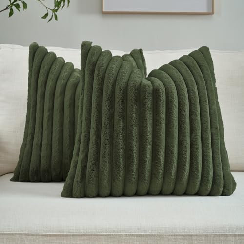 FUTEI Pack of 2 Faux Fur Throw Pillow Covers 22x22 Inch, Olive Green