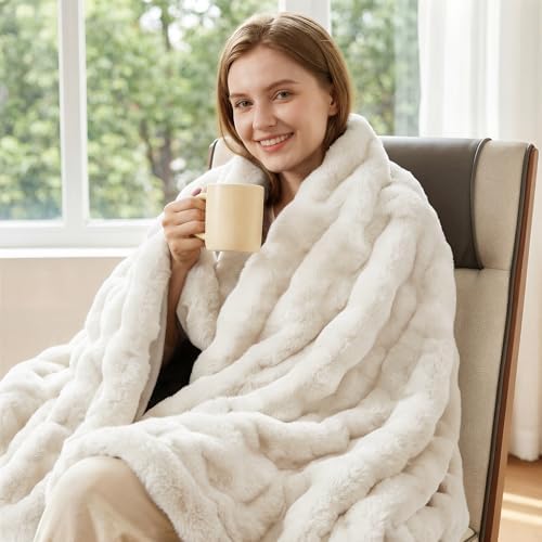 ORINOVA Light Beige Fluffy Blanket King Size Faux Bunny Fur Fuzzy