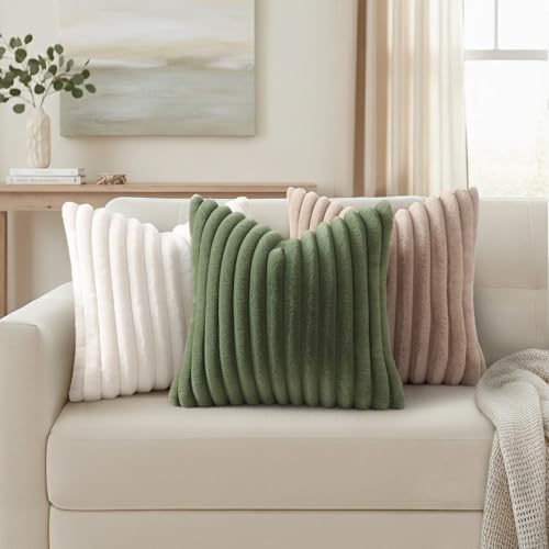 Simmore Faux Fur Striped Olive Green Throw Pillow Covers 22x22 Set of