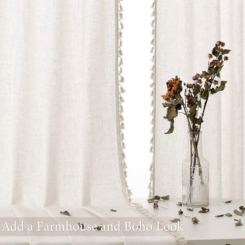 Light Beige Boho Linen Blend Curtains 96 Inches Long 2 Panels Textured