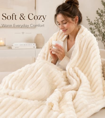 Cream Ribbed Soft Cozy Throw Blanket for Couch Sofa Livingroom