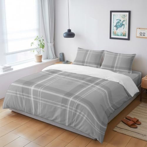 4 Piece Duvet Cover Set for Cal King Size Bed,Minimalist Gray Plaid