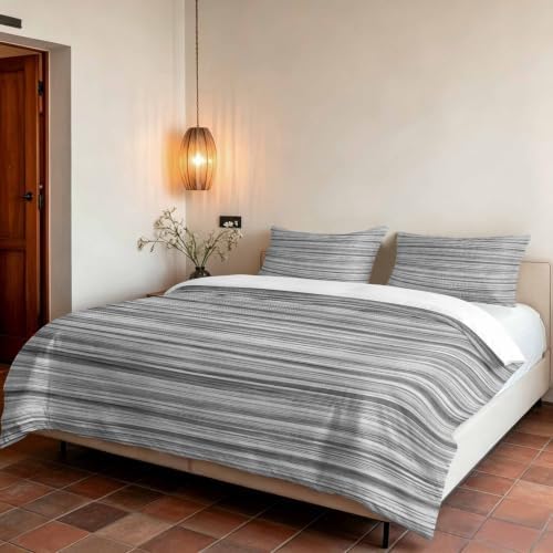 3 Pieces Duvet Cover Queen Bedding Sets Abstract Gray Striped Textured