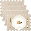Set of 4 Cotton Linen Scalloped Placemats, Beige