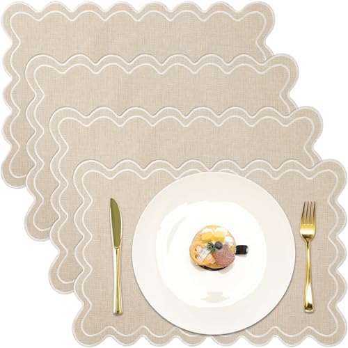 Set of 4 Cotton Linen Scalloped Placemats, Beige