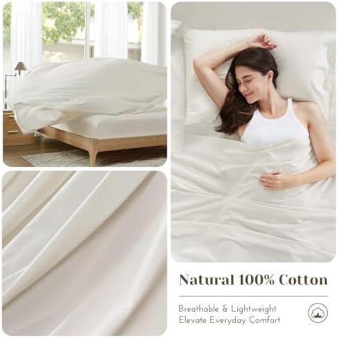 Comfort Spaces 100% Cotton Percale Sheets Twin Sheet Set 3 Pcs, Ivory