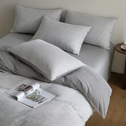 Botanical Floral Duvet Cover Set Full Washed Cotton Light Gray Bedding