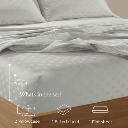 Threadmill 300TC Cotton King Sheet Set, Sateen, Damask, Light Grey