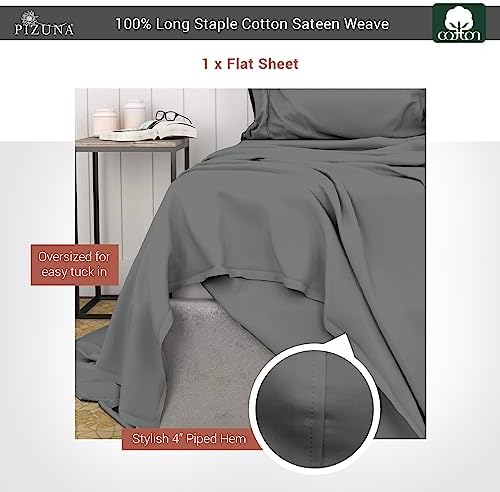 Pizuna 100% Cotton Full Flat Sheet 400 Thread Count Dark Grey