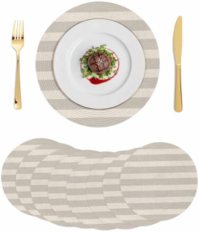 Rustic Gray Beige Stripes Round Braided Placemats Set of Set of 8 Heat