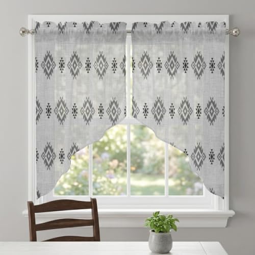 Grey Boho Swag Curtains 45 Inch Length 2 Panels Set, Western Ethnic