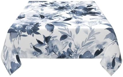 Navy Blue Floral Tablecloth 60x60 Inch Square, Dark Blue and White
