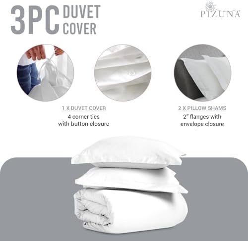 Pizuna 100% Cotton Queen Duvet Cover Set 600 Thread Count, White