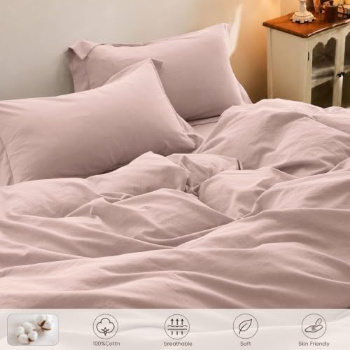 Duvet Cover Set Washed Cotton Embroidered Hem Queen 3‐Pcs
