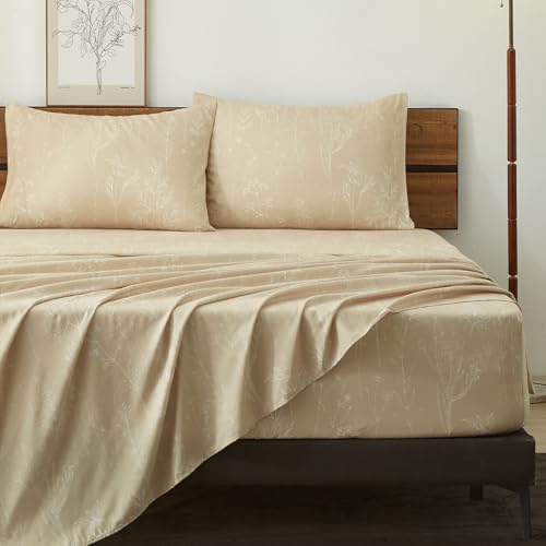 HYPREST Beige Sheets California King, 18" Deep Pocket, Floral Pattern