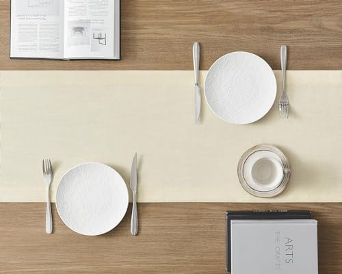 ZeeMart Linen Textured Border Table Runner, 14 x 108 Inch Ivory