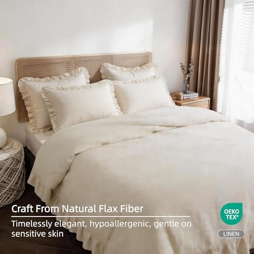 100% French Linen Ruffle Duvet Cover Set 3pcs, Soft Breathable Natural