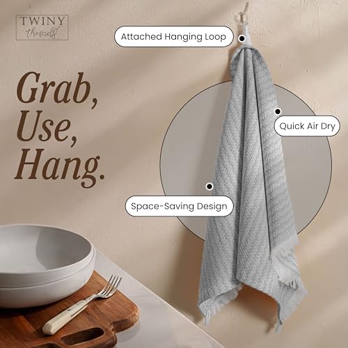 TWINY threads 12 Pack 100% Cotton Kitchen Towels, 16"x26" (Light Grey)