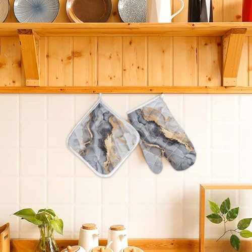 Quilted Cotton Terry Cloth Oven Mitt, Pot Holder Abstract Marble Grey
