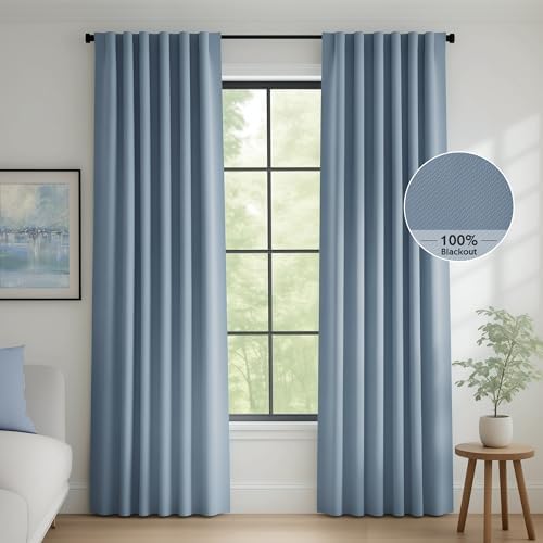 FMFUNCTEX 100% Blackout Slate Blue Curtains 96 Inches for Bedroom, 2