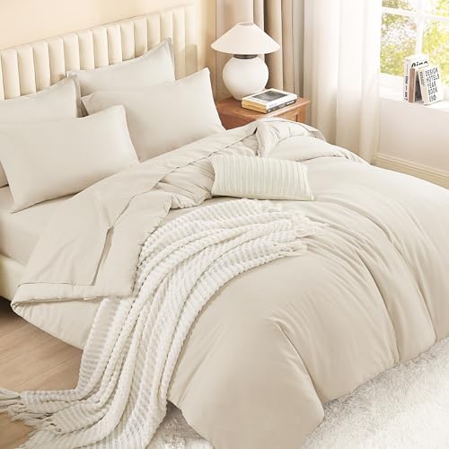 Litanika King Comforter Set with Sheets Beige - 7 Pieces Solid Bed in