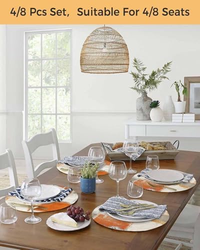 Round Placemats Set of 8 Orange Gray Beige Block Place Mats Washable
