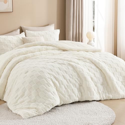 Litanika Fluffy King Comforter White Cream, 3Pcs Warm Sherpa Fleece