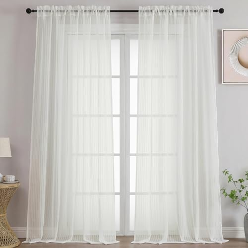 OWENIE Cream Sheer Curtains - 120 Inches Extra Long 2 Panels for