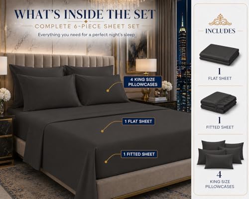 100% Egyptian Cotton King Size Sheets Set, 6-Pc King Bed Sheets, Dark