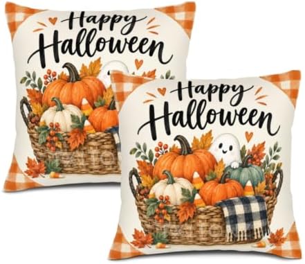 Leaves Plaid Pillow Covers 22x22 Inch Set of 2 Linen for Halloween