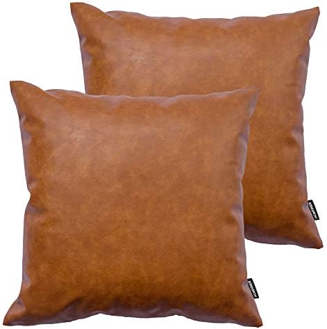 Faux Leather Throw Pillow Covers 22x22 inch, Set of 2 Thick Cognac