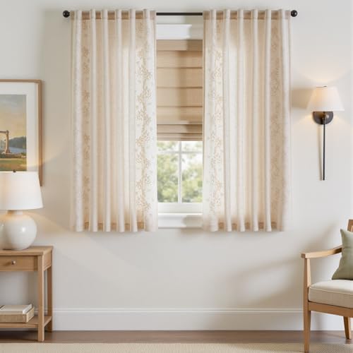 jinchan Floral Linen Curtains, Back Tab 50x63 Inch, 2 Panels Ivory