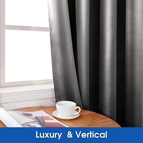 HOMEIDEAS Faux Silk Dark Grey Blackout Curtains 52W x 96L 2 Panels