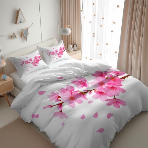 King Duvet Cover Set Soft Microfiber Plant Cherry Blossoms White
