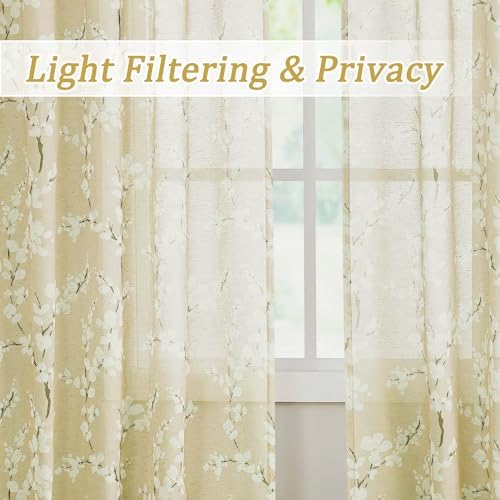 FMFUNCTEX Linen Sheer Blossom Floral Print Curtains Cream 63 Inch 2