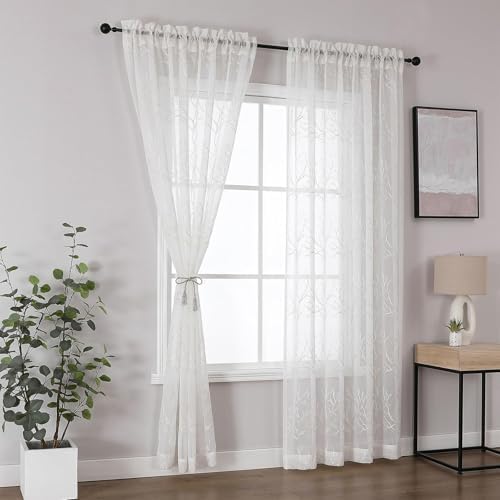 VISIONTEX White Sheer Curtains Beige Coral Branch Embroidered