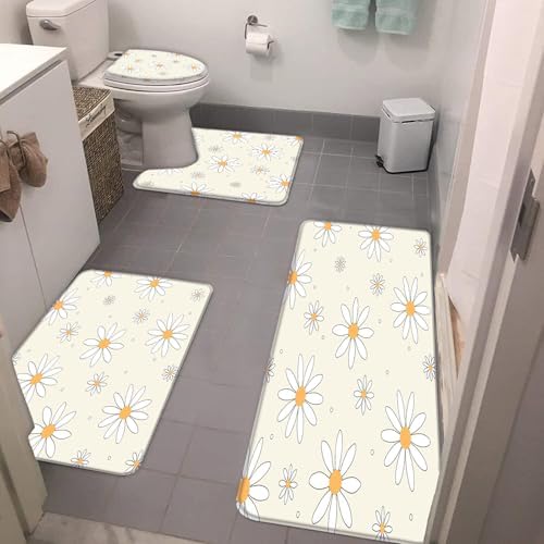 4pcs Beige Floral Bath Mat Set,Cute Daisy Colorful Flower Spring