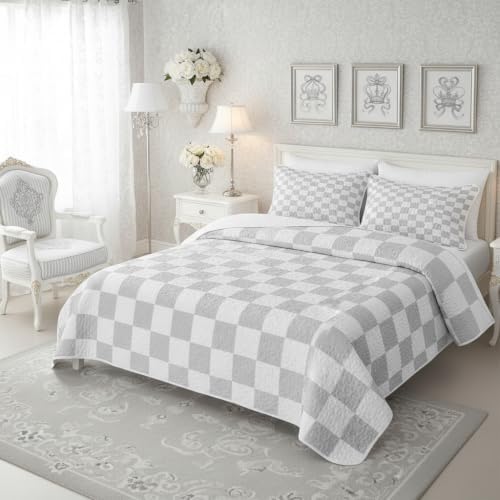 Manfei Neutral Checkerboard Quilt Set Queen Size,Simple Block Quilted