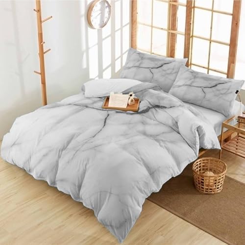 Duvet Cover Set Queen, Gray White Marble Texture 3 Piece Bedding Set